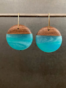 LARGE ROUNDER - Walnut Wood Earrings with a Aqua Blue Resin Blend