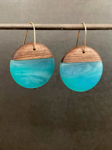 LARGE ROUNDER - Walnut Wood Earrings with a Aqua Blue Resin Blend