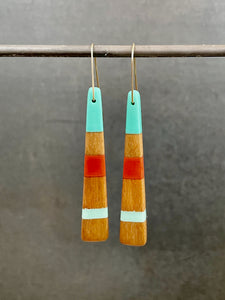 TAIL - Cherry wood Earrings  with Teal and Orange Red