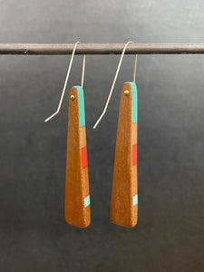 TAIL - Cherry wood Earrings  with Teal and Orange Red