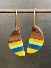 Load image into Gallery viewer, PACIFIC HORNS - Walnut Wood Earrings with Multi Colored Resin Banding
