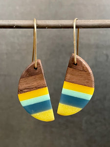 PACIFIC HORNS - Walnut Wood Earrings with Multi Colored Resin Banding