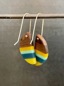 PACIFIC HORNS - Walnut Wood Earrings with Multi Colored Resin Banding