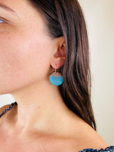 Load image into Gallery viewer, LARGE ROUNDER - Walnut Wood Earrings with a Aqua Blue Resin Blend
