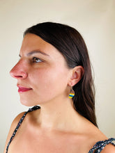Load image into Gallery viewer, PACIFIC HORNS - Walnut Wood Earrings with Multi Colored Resin Banding
