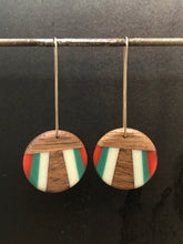 Load image into Gallery viewer, FAN LONG ROUNDER - Walnut Wood Earring with Red, Teal and White Resin
