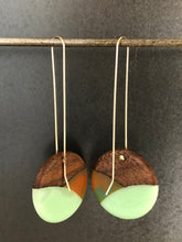 Load image into Gallery viewer, CROSSING LONG ROUNDER - Walnut Wood Earring with Light Jade and Orange Resin
