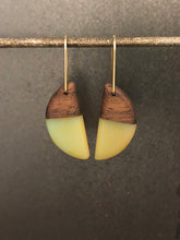 Load image into Gallery viewer, HORNS -  Walnut Wood Earrings with Olive Jade and Orange Resin
