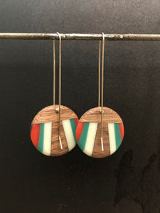 FAN LONG ROUNDER - Walnut Wood Earring with Red, Teal and White Resin