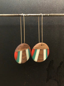 FAN LONG ROUNDER - Walnut Wood Earring with Red, Teal and White Resin