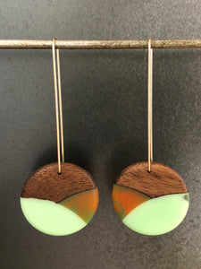 CROSSING LONG ROUNDER - Walnut Wood Earring with Light Jade and Orange Resin