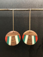Load image into Gallery viewer, FAN LONG ROUNDER - Walnut Wood Earring with Red, Teal and White Resin
