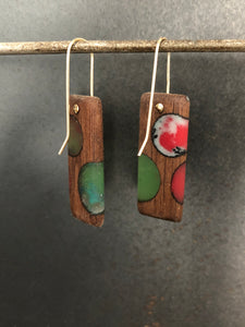 BUBBLES TAB - Walnut Wood Earrings with Beet and Sea Green Resin