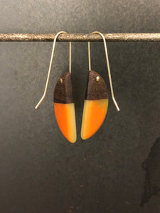 HORNS -  Walnut Wood Earrings with Olive Jade and Orange Resin