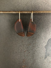 Load image into Gallery viewer, HORNS -  Walnut Wood Earrings with a Charcoal and Red Resin Blend
