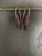 Load image into Gallery viewer, HORNS -  Walnut Wood Earrings with a Charcoal and Red Resin Blend
