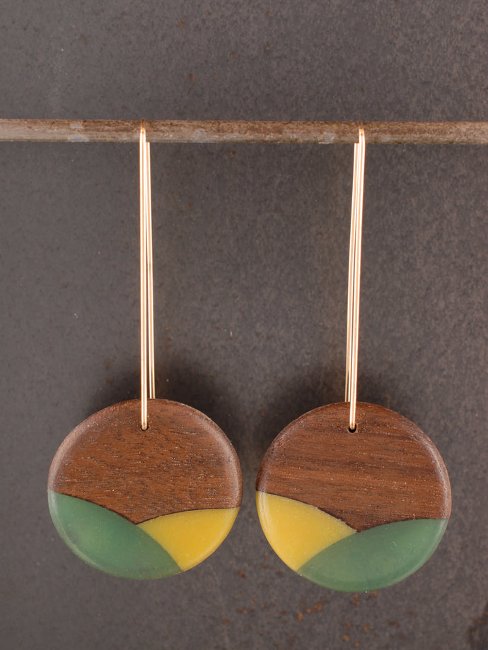 CROSSING LONG ROUNDER - Walnut Wood Earring with Trans green and Lemon Resin