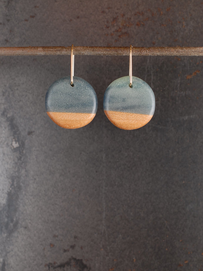SMALL ROUNDER - Cherry Wood Earrings with Gray and Navy Resin Blend