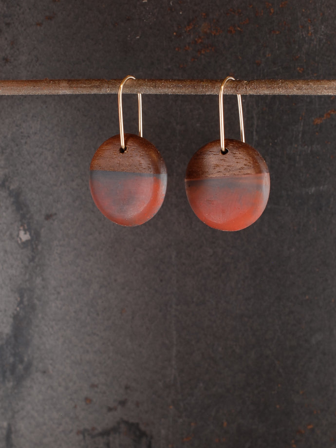 SMALL ROUNDER - Cherry Wood Earrings with a Charcoal and Red Resin Blend
