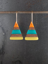 Load image into Gallery viewer, PACIFIC TRI - Walnut Wood Earrings in Lemon, Teal and Orange Resin 3.
