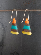 Load image into Gallery viewer, PACIFIC TRI - Walnut Wood Earrings in Lemon, Teal and Orange Resin 3.
