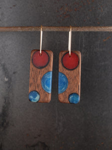BUBBLES TAB - Walnut Wood Earrings with  a Navy and Beet Resin Blend