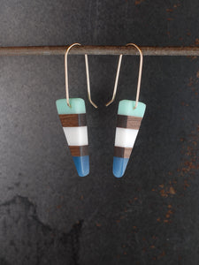 SMALL PACIFIC TRI - Walnut Wood Earrings in Navy, Sky and White Resin