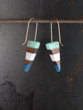 Load image into Gallery viewer, SMALL PACIFIC TRI - Walnut Wood Earrings in Navy, Sky and White Resin
