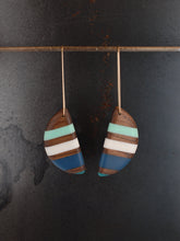 Load image into Gallery viewer, PACIFIC JUMBO HORNS - Walnut Wood Earrings with Sky, White and Navy Resin
