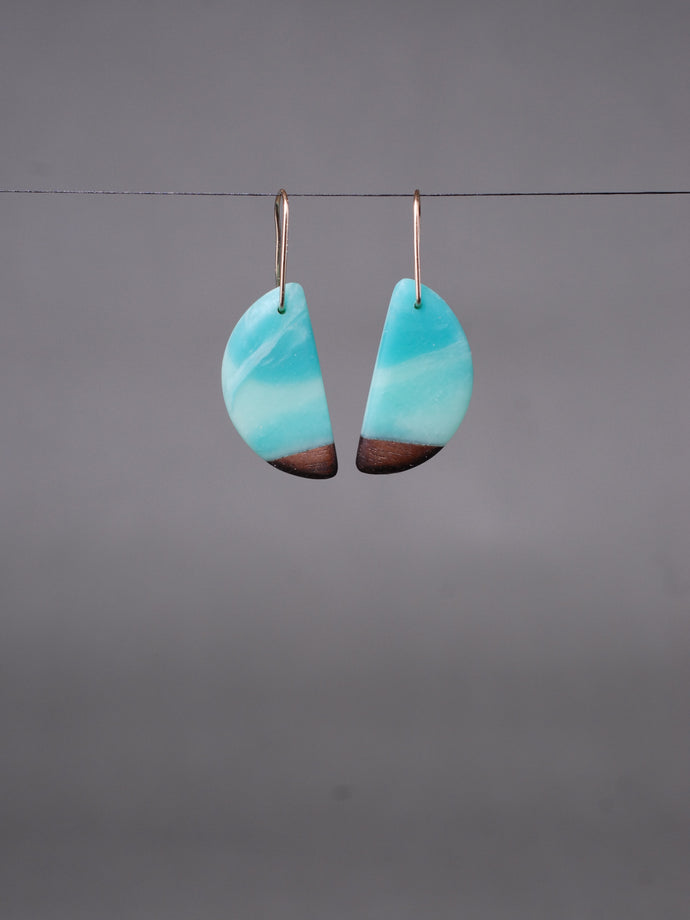 HORNS - Walnut Wood Earrings with a Sky and Teal  Blended Resin