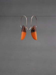 REVERSIBLE HORNS - Walnut  Earrings with Hot Orange and Pale Gold Cast Resin