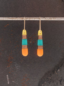 DROP -  Cherry Wood Earrings with Yellow, Teal and Orange Resin
