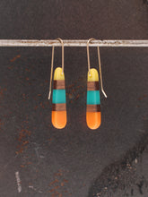 Load image into Gallery viewer, DROP -  Cherry Wood Earrings with Yellow, Teal and Orange Resin
