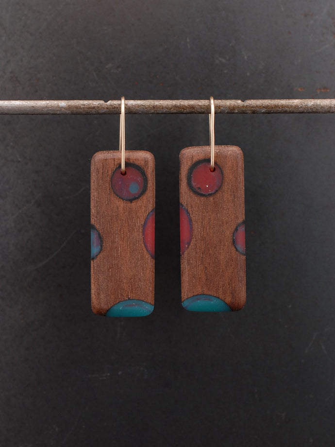 BUBBLES TAB - Walnut Wood Earrings with Teal and Beet Resin