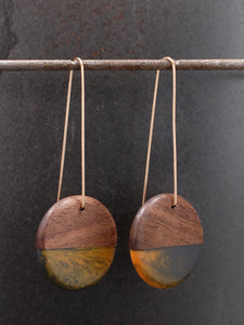 LONG ROUNDER - Walnut Wood Earrings with Creamsicle and Charcoal Resin Blend