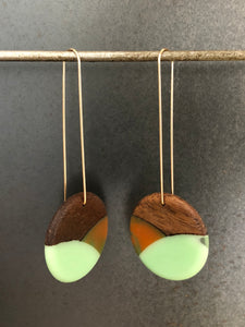 CROSSING LONG ROUNDER - Walnut Wood Earring with Light Jade and Orange Resin