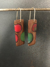 Load image into Gallery viewer, BUBBLES TAB - Walnut Wood Earrings with Beet and Sea Green Resin
