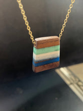 Load image into Gallery viewer, PACIFIC TAIL PENDANT - in Walnut Wood with Aqua, White and Navy Resin Banding
