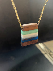 PACIFIC TAIL PENDANT - in Walnut Wood with Aqua, White and Navy Resin Banding